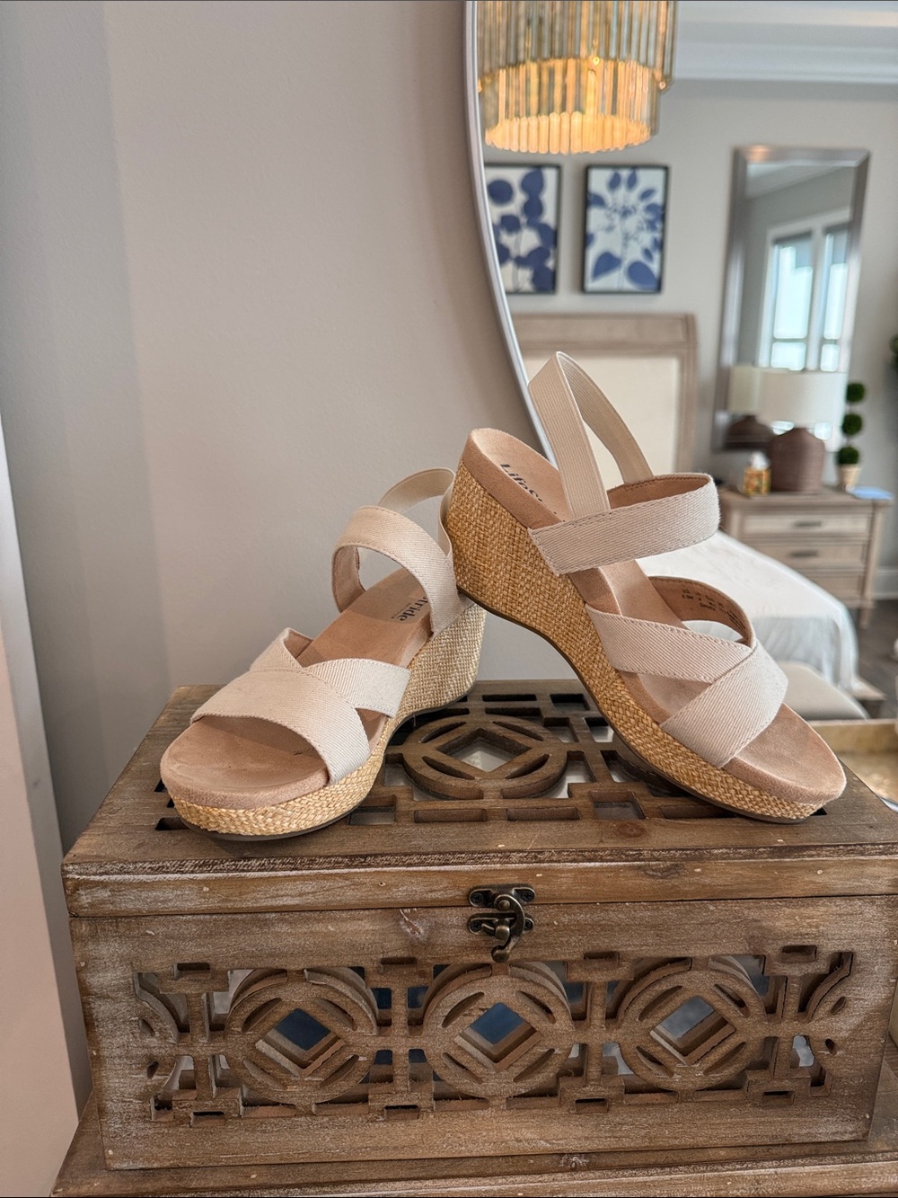 Life Stride Neutral Beige Wedge Sandals with Elastic Slingback
